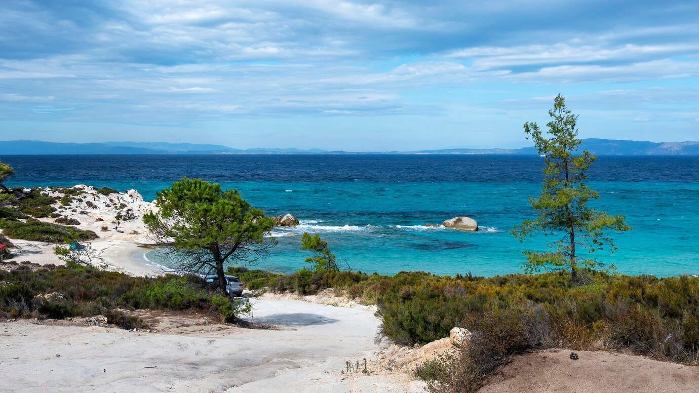 aegean-sea-coast-with-greenery-around-rocks-bushes-blue-water-with-waves-greece_1268-16835